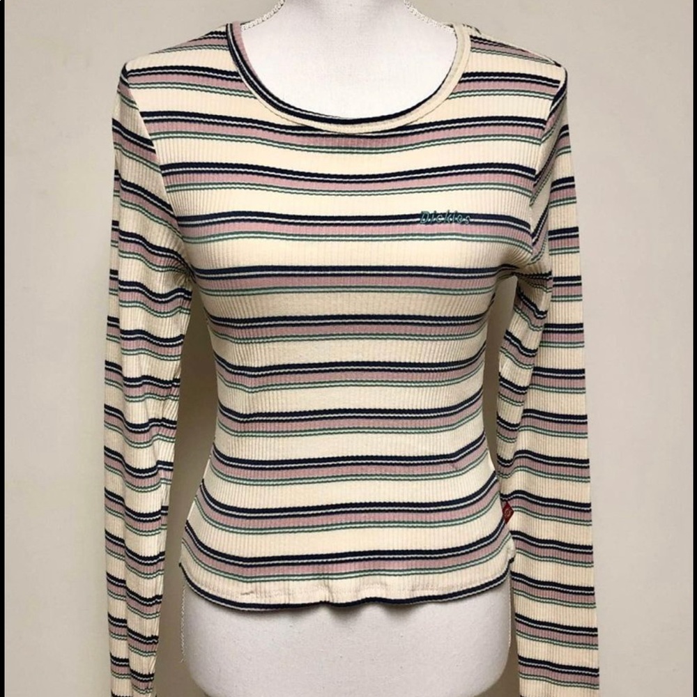 NEW DICKIES striped ribbed long sleeve fitted embroidered shirt crop top shirt